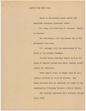 Primary view of object titled '[News Script: Easter week holy days]'.
