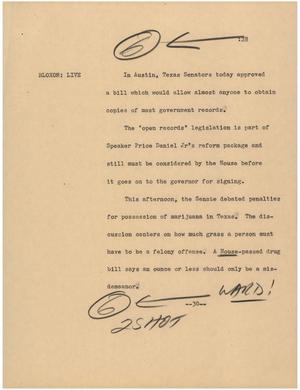 Primary view of object titled '[News Script: Bill approved]'.