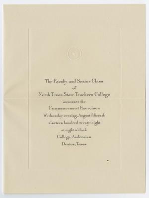 Primary view of object titled '[Commencement Announcement for North Texas State Teachers College, August 15,1928]'.