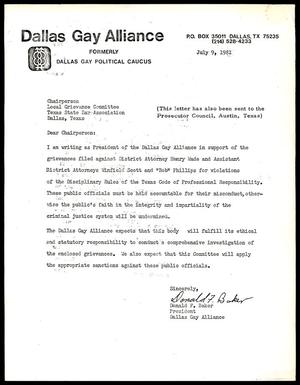 Primary view of object titled '[Dallas Gay Alliance - Letter from Donald Baker, 1981-07-09]'.