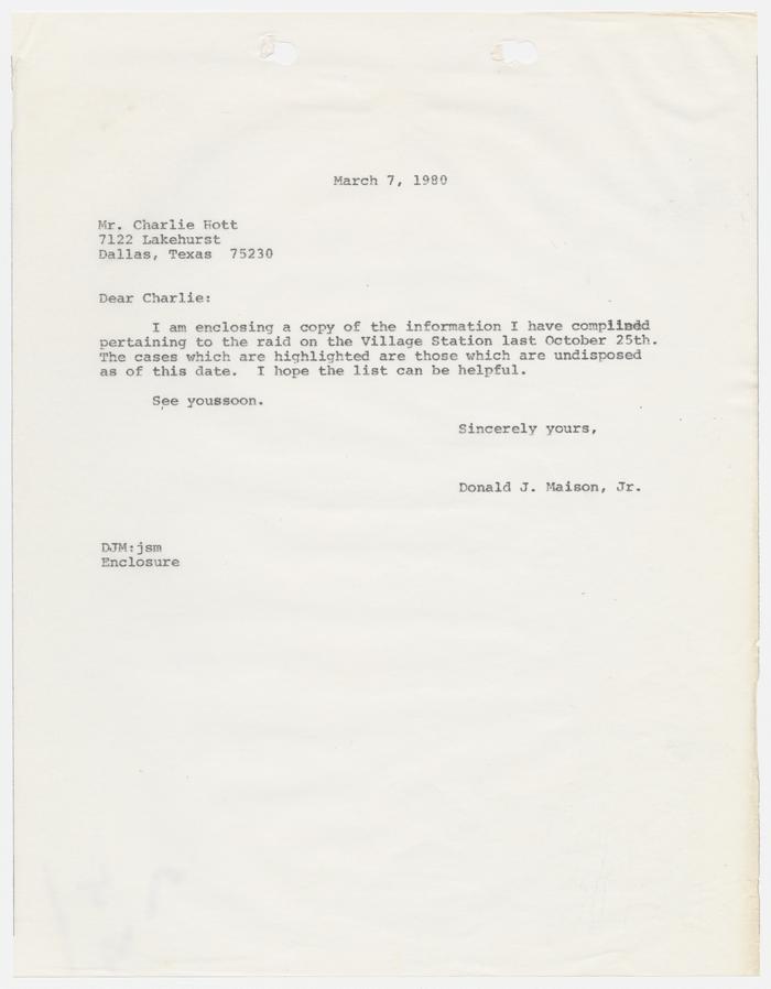 Carbon copy of letter from Maison to Charlie Hott - March 7, 1980] - The  Portal to Texas History