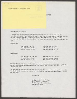 Primary view of object titled '[Letter from United States Postal Service to Dallas customers, December 1986]'.