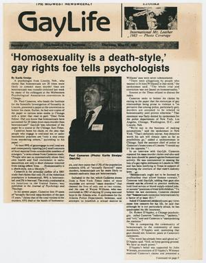 Primary view of object titled '[Clipping: " 'Homosexuality is a death-style,' gay rights foe tells psychologists", GayLife]'.