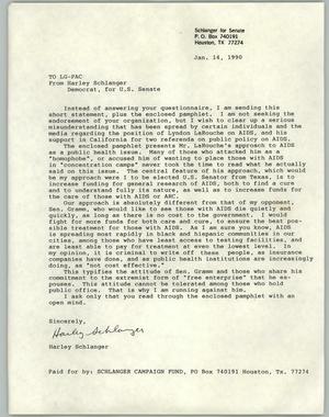 Primary view of object titled '[Letter from Harley Schlanger to the Lesbian/Gay Political Action Committee dated January 14, 1990]'.