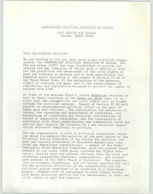 Primary view of object titled '[Letter from LGPCD founders to Dallas LGBTQIA activists]'.
