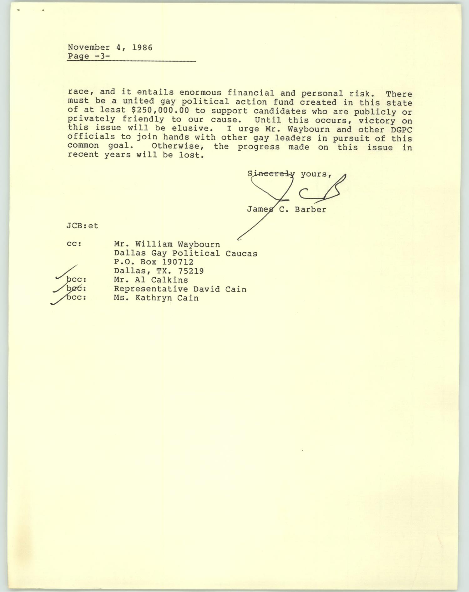 [Letter from James C. Barber to Dallas Voice dated November 4, 1986]
                                                
                                                    [Sequence #]: 5 of 6
                                                