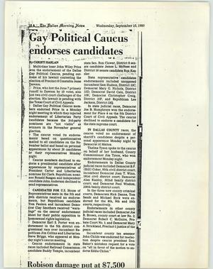 Primary view of object titled '[Clipping: Gay political caucus endorses candidates]'.