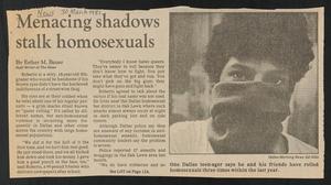 Primary view of object titled '[Clipping: Menacing shadows stalk homosexuals]'.