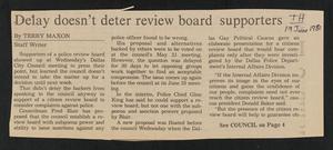 Primary view of object titled '[Clipping: Delay doesn't deter review board supporters and Gays present review proposal]'.