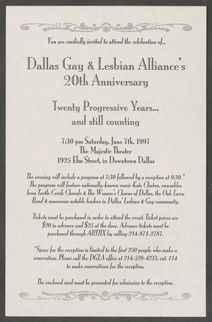 Primary view of object titled '[DGLA 20th anniversary party program, picture, and envelope]'.