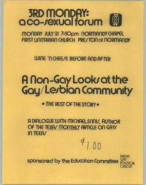 Primary view of object titled '[A co-sexual forum: A non-gay looks at the gay/lesbian community flyer]'.