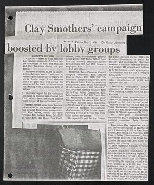 Primary view of object titled '[Clipping: Clay Smothers' campaign boosted by lobby groups]'.