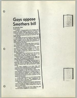 Primary view of object titled '[Clipping: Gays opposed Smothers bill]'.
