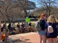 Photograph: [Crowd and Sister Cindy outside UNT Union]