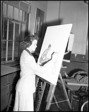 Primary view of object titled '[Dora Katherine Adams painting on easel at North Texas State Teachers College]'.