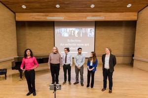 Primary view of object titled '["Eclective" group presenting at the UNT Music Entrepreneurship Competition Finals]'.