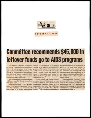 Primary view of object titled '[Clipping: Committee recommends $45,000 in leftover funds go to AIDS programs]'.