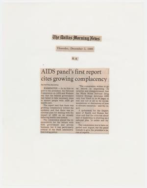 Primary view of object titled '[Clipping: AIDS panel's first report cites growing complacency]'.