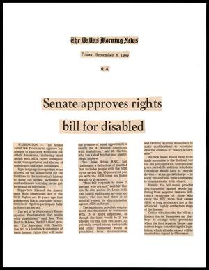 Primary view of object titled '[Clipping: Senate approves rights bill for disabled]'.