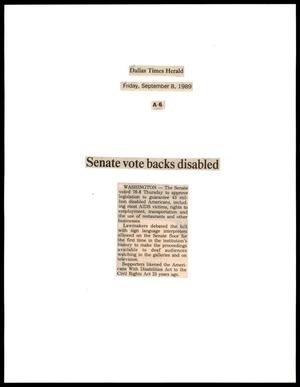 Primary view of object titled '[Clipping: Senate vote backs disabled]'.