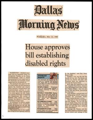 Primary view of object titled '[Clipping: House approves bill establishing disabled rights]'.