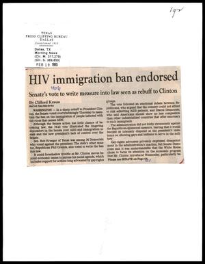 Primary view of object titled '[Clipping: HIV immigration ban endorsed]'.