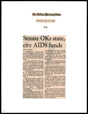 Primary view of object titled '[Clipping: Senate OKs state, city AIDS funds]'.