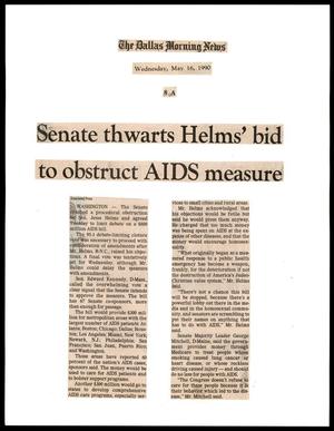 Primary view of object titled '[Clipping: Senate thwarts Helms' bid to obstruct AIDS measure]'.