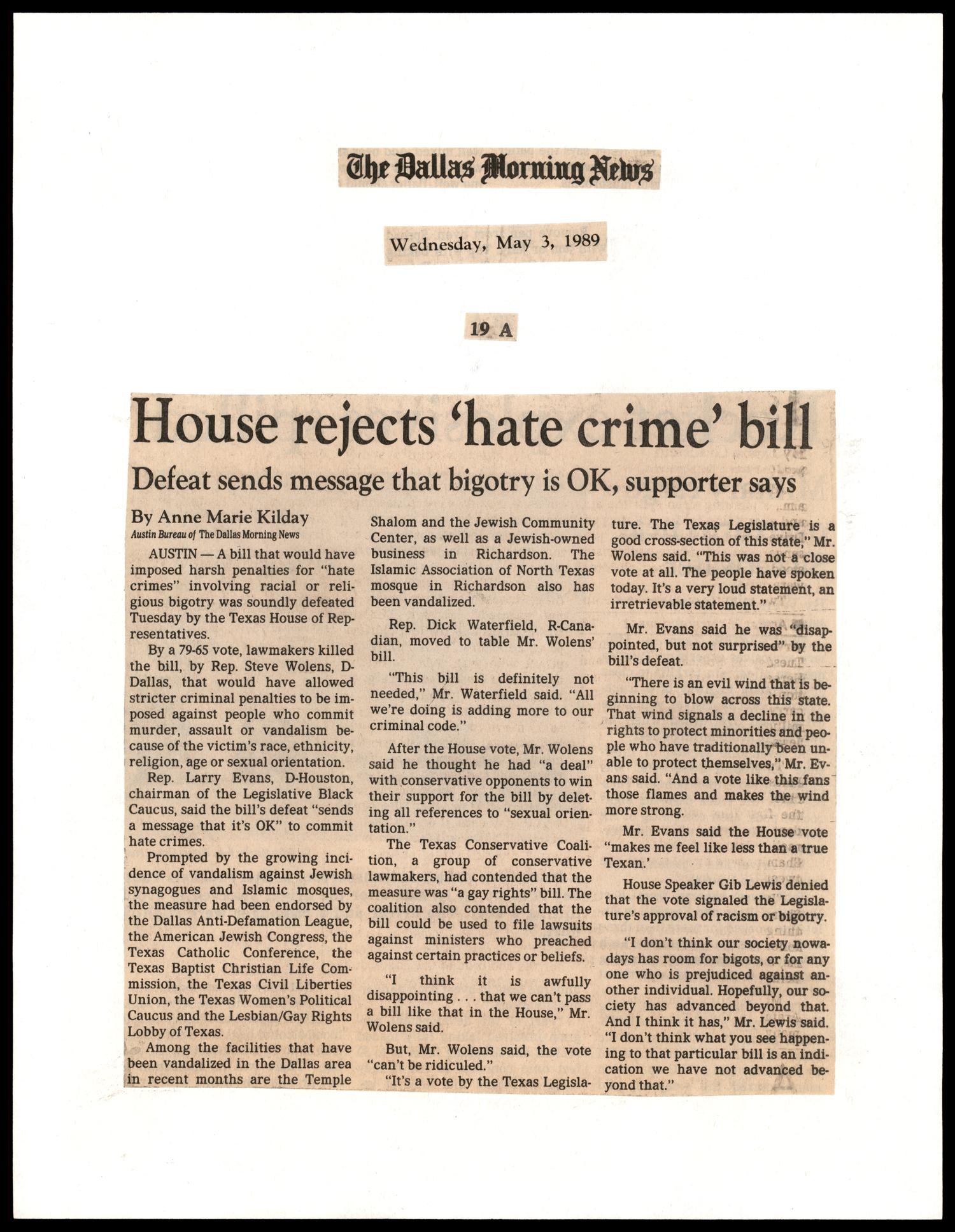 Clipping House rejects hate crime bill