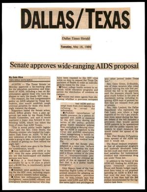 Primary view of object titled '[Clipping: Senate approves wide-ranging AIDS proposal]'.