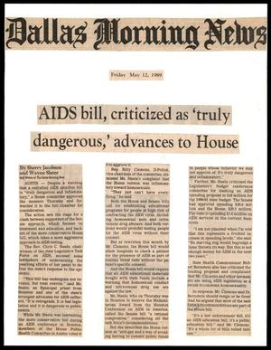 Primary view of object titled '[Clipping: AIDS bill, criticized as 'truly dangerous,' advances to House]'.
