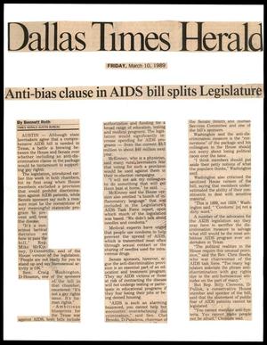 Primary view of object titled '[Clipping: Anti-bias clause in AIDs bill splits Legislature]'.