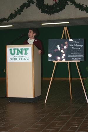 Primary view of object titled '[Wendy K. Wilkins speaks at UNT Tree Lighting Ceremony]'.
