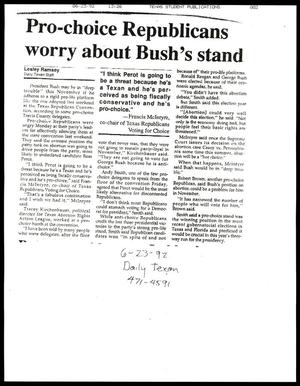 Primary view of object titled '[Clipping: Pro-choice Republicans worry about Bush's stand]'.