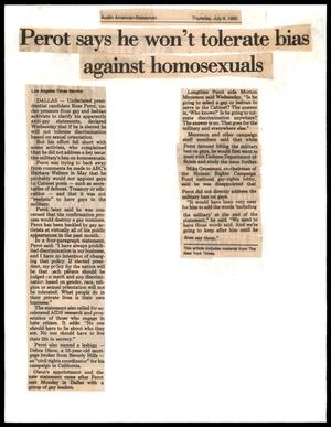 Primary view of object titled '[Clipping: Perot says he won't tolerate bias against homosexuals]'.
