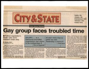 Primary view of object titled '[Clipping: Gay group faces troubled time]'.