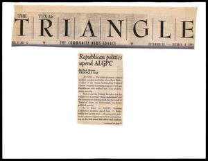 Primary view of object titled '[Clipping: Republican policies upend ALGPC]'.