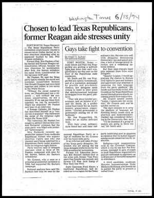 Primary view of object titled '[Clipping: Chose to lead Texas Republicans, former Reagan aide stresses unity]'.