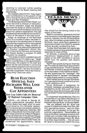 Primary view of object titled '[Clipping: Bush election offical says Richards will lose votes over gay appointees]'.