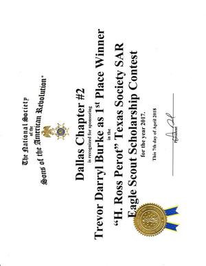 Primary view of object titled '[2017 Eagle Scout Scholarship Certificate awarded to Trevor Darryl Burke]'.