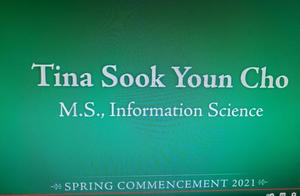 Primary view of object titled '[University of North Texas Spring 2021 virtual recognition ceremony screenshot of Master's graduate Tina Sook Youn Cho's name]'.