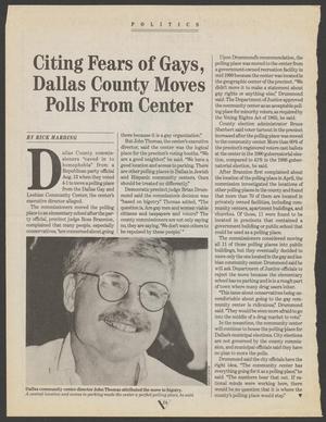 Primary view of object titled '[Clipping: Citing fears of gays, Dallas County moves polls from center]'.