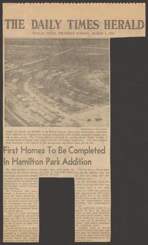 Primary view of object titled '[Clipping: First Homes To Be Completed in Hamilton Park Addition]'.