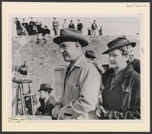 Primary view of object titled '[Enid Justin and Amon Carter Sr. at the 1939 Pony Express]'.