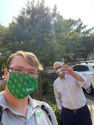 Primary view of object titled '[Student selfie with UNT President Neal Smatresk]'.