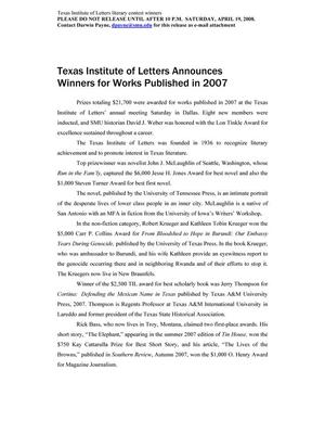 Primary view of object titled '[Press Release: Texas Institute of Letters Announces Winners for Works Published in 2007]'.