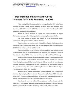 Primary view of object titled '[Press Release: Texas Institute of Letters Announces Winners for Works Published in 2007, 2]'.