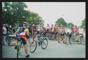 Primary view of object titled '[Large group of cyclists gathered in a parking lot: Lone Star Ride 2004 event photo]'.