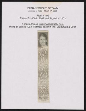 Primary view of object titled '[Newspaper clipping of the obituary for LSR rider #109 Susan "Susie" Brown]'.