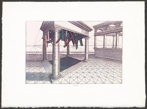 Primary view of object titled '[Retro perspective print series by Teel Sale; 2 rectangular pavilions]'.
